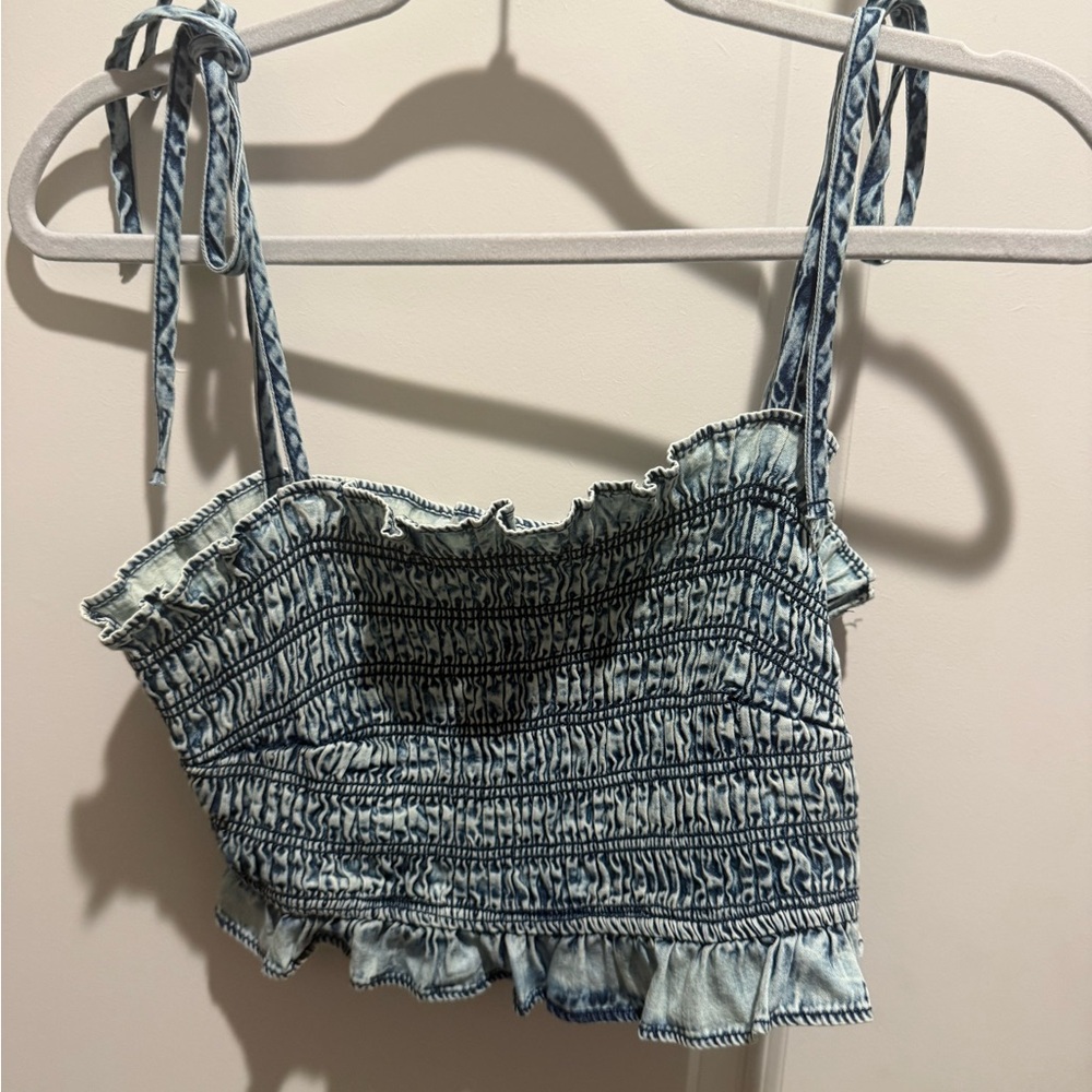Light Blue Smocked Tie-Shoulder Cropped Tank Top